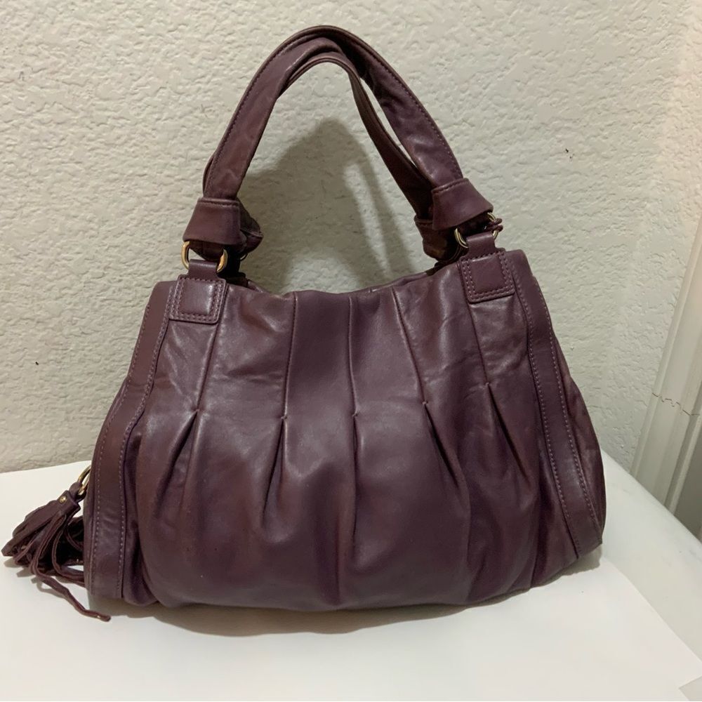 Cole haan purple bag double handles pleated zip